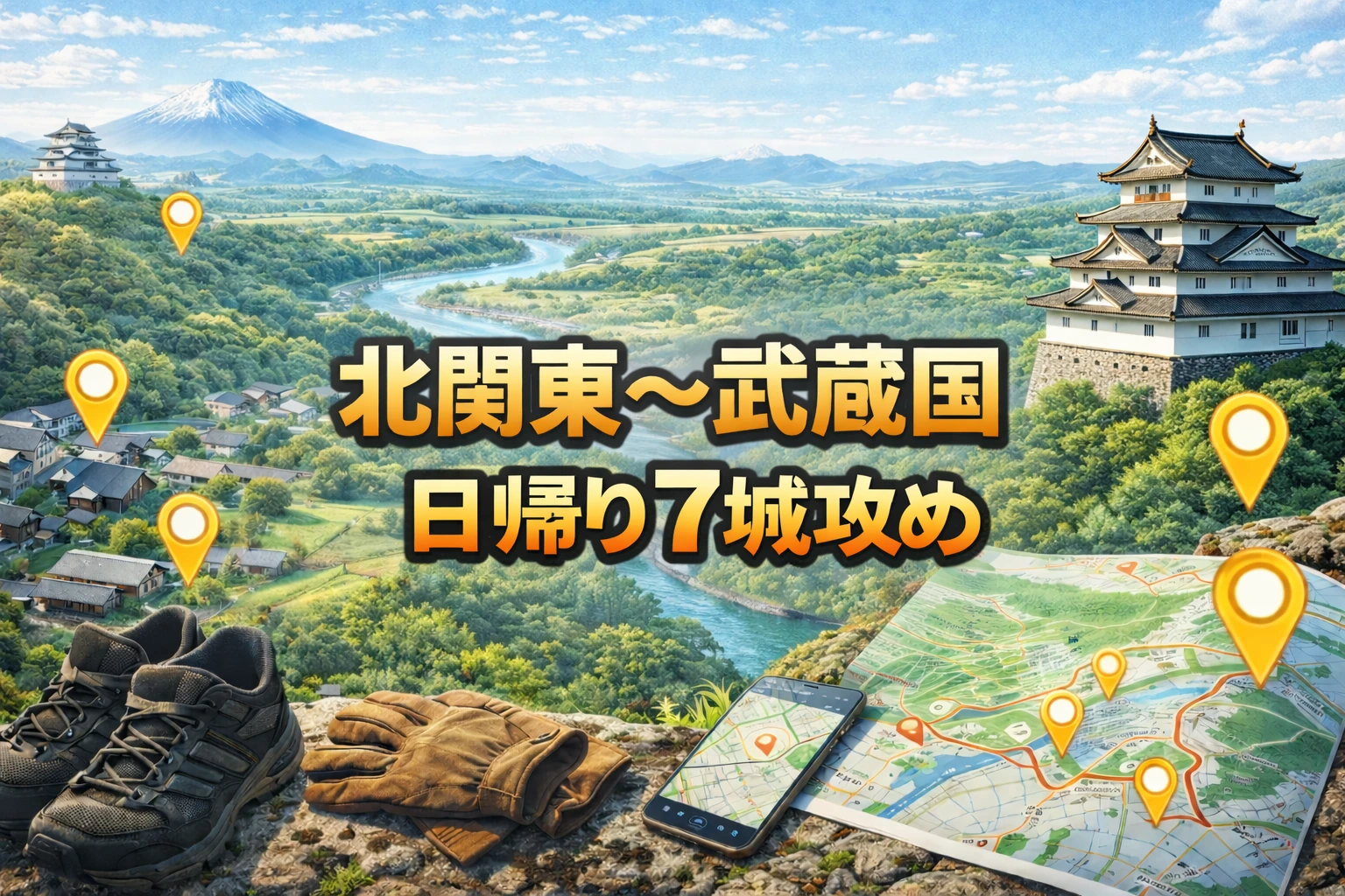 北関東から武蔵国へ日帰りで7城を巡る工程イメージ（ルート）