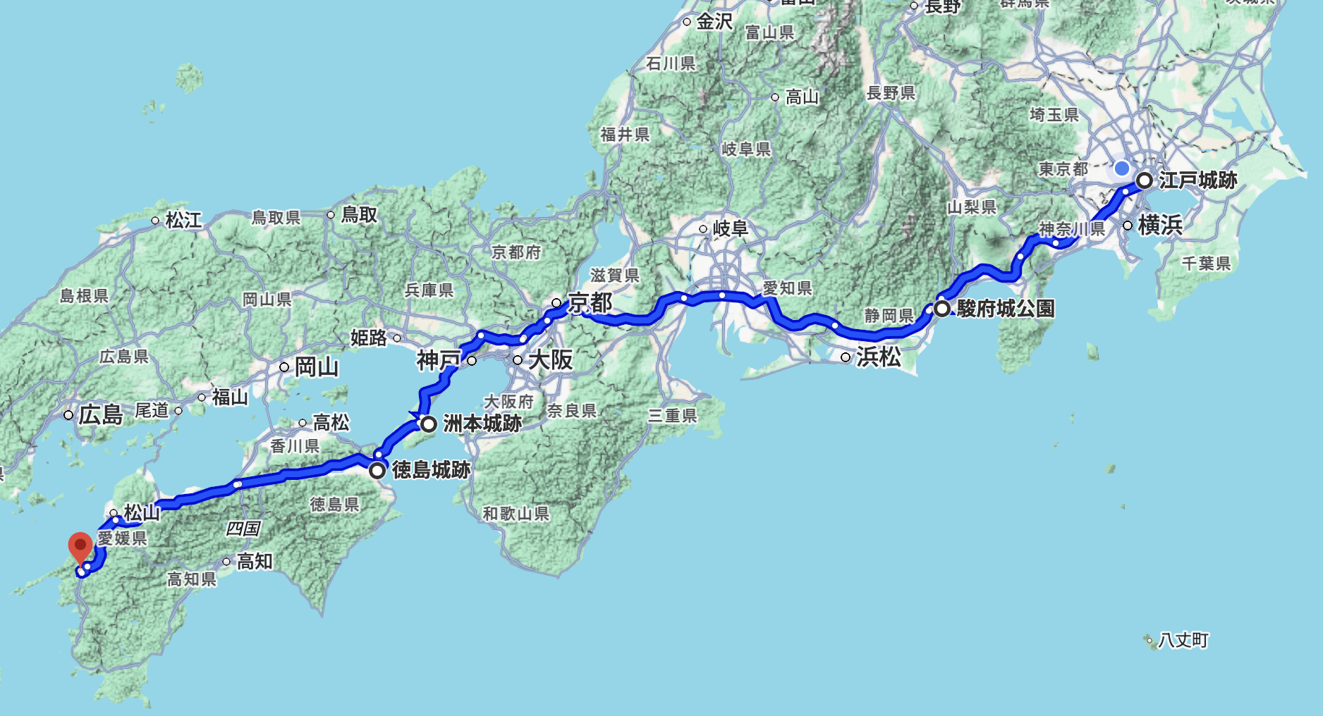 駿府城・洲本城・徳島城・大洲城を結ぶ夏の九州攻めDAY1のイメージ（地図と車のシルエット）