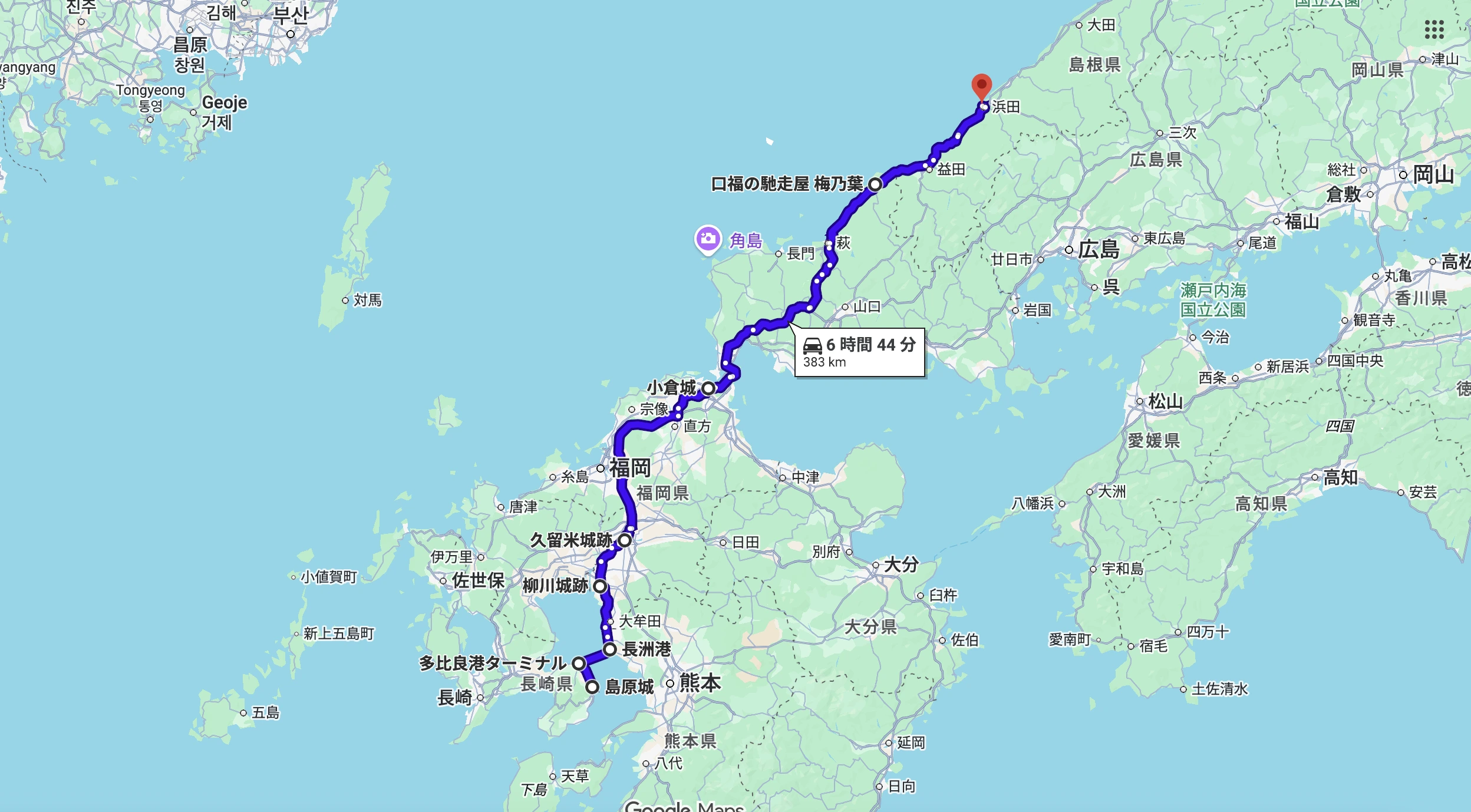 島原半島から柳川・久留米・小倉・浜田城へ抜けるロングルートのイメージ