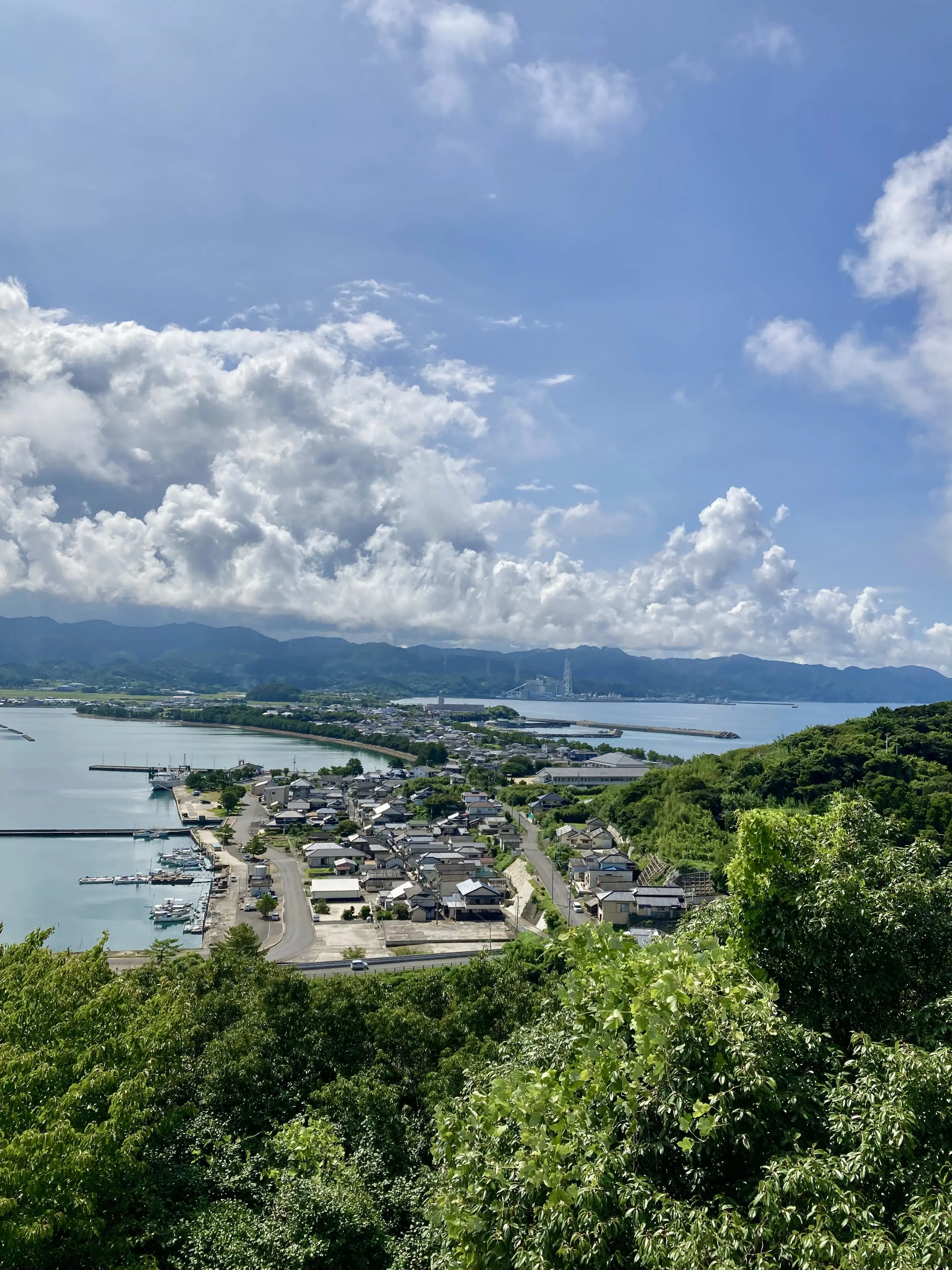 三方を海に囲まれた富岡城跡の遠景と海の眺め