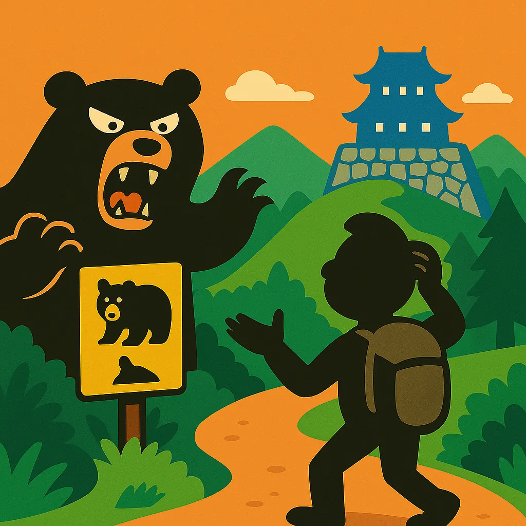 霧の立つ山城と森の向こうの熊のシルエット、安全な登城のための注意喚起をイメージしたカバー画像