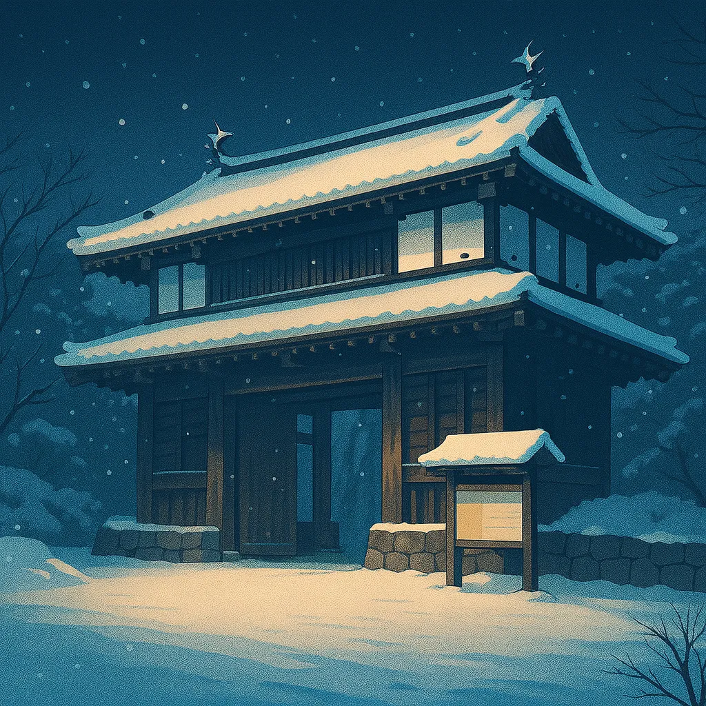 雪に覆われた弘前城の天守と城門が淡く照らされ、冬の静けさが漂う情景を描いたカバー画像。