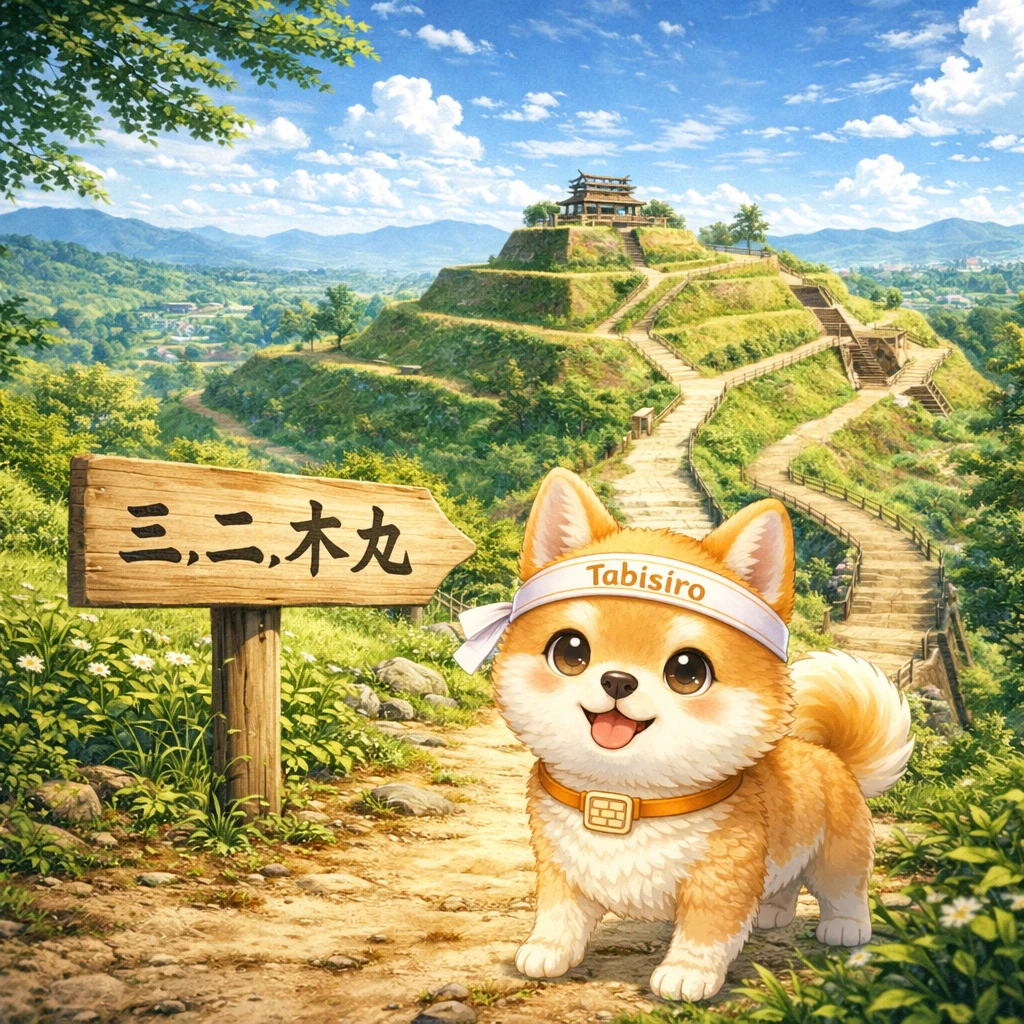 木漏れ日の丘から土の城へ駆け上がり、「三・二・本丸！」のコールが弾ける、杉山城のアイドルポップをイメージした元気なカバー画像。