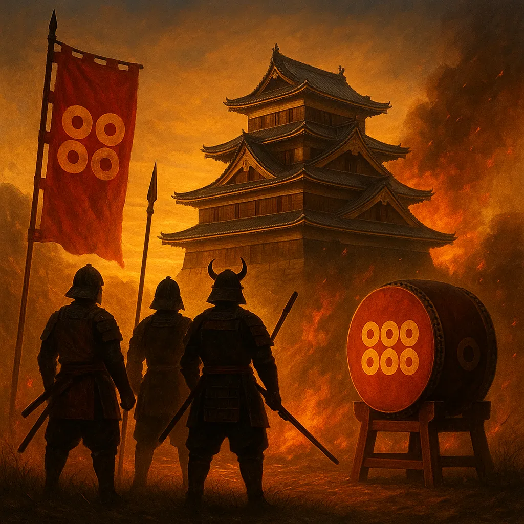 紅に染まる上田城と真田家の旗、戦いの鼓動を描いたドラマティックなカバー画像