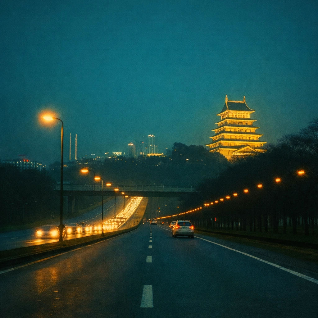 夜の高速を越えていく気配。和歌山城の白が闇に浮かび、言葉のない時間が静かに残る、余韻のカバー画像。